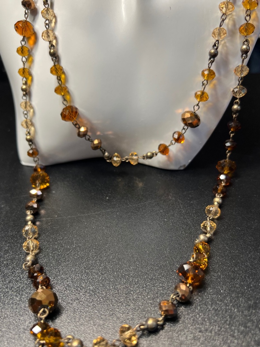 Vintage Amber & Champagne Faceted Crystal Beaded Necklace | Boho Glam Long Layer